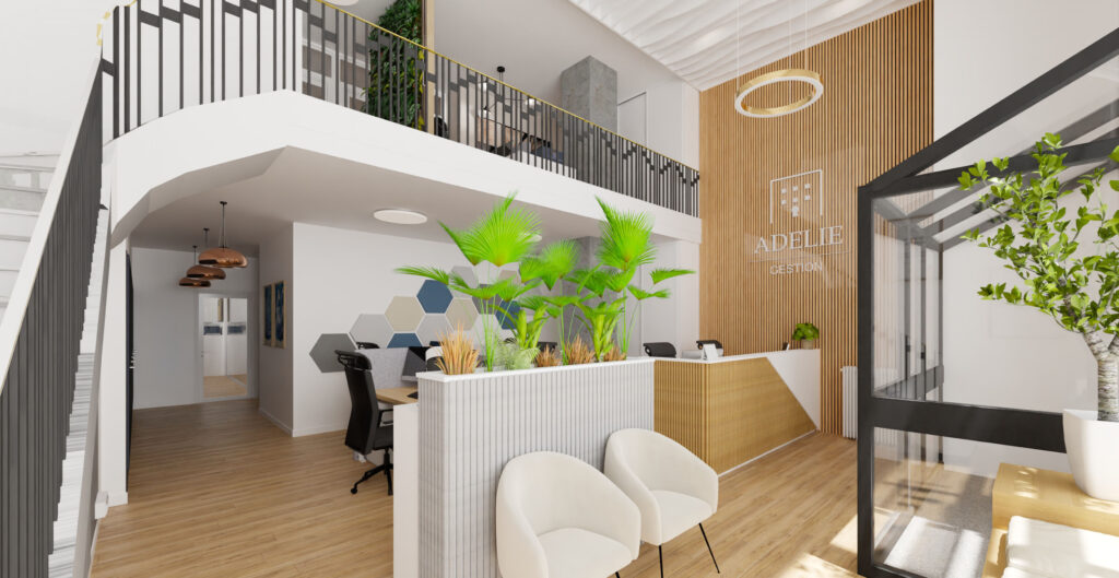 Agencement complet d'une agence dans une ambiance naturelle